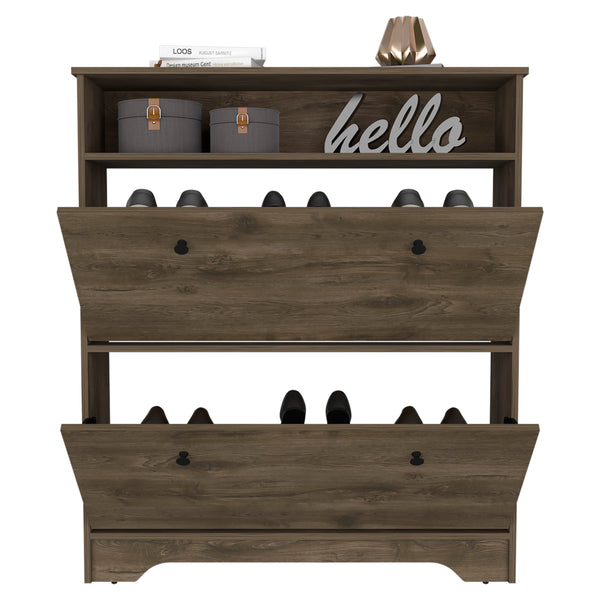 English Elm Calgary Dark Brown Shoe Rack with Superior Top, 1 Open Shelf & 2 Extendable Drawers for Entryways B20091898