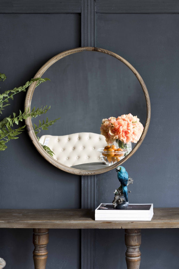 English Elm 28" Round Fir Wood Wall Mirror Thin Frame Warm Finish for Bathroom or Living Room W2078124099