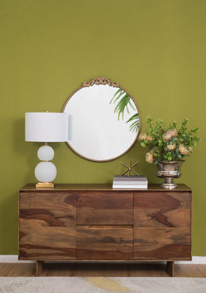 English Elm 30" Round Baroque Ornamental Iron Wall Mirror Matte Entryway Powder Room Statement Piece Gold W2078124100