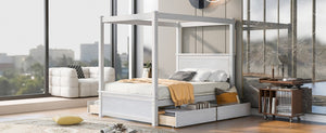 English Elm Wood Full Size Canopy Platform Bed Four Storage Drawers Brushed White Finish LP000903AAK