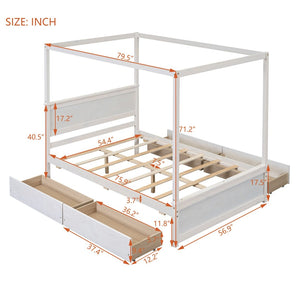 English Elm Wood Full Size Canopy Platform Bed Four Storage Drawers Brushed White Finish LP000903AAK