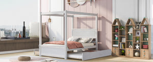 English Elm Wood Canopy Platform Bed Full Size with Trundle Storage Drawers Slat Support LP000905AAK