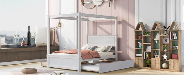 English Elm Wood Canopy Platform Bed Full Size with Trundle Storage Drawers Slat Support LP000905AAK