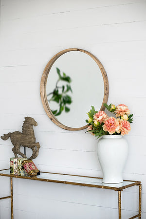 English Elm 28" Round Fir Wood Wall Mirror Thin Frame Warm Finish for Bathroom or Living Room W2078124099
