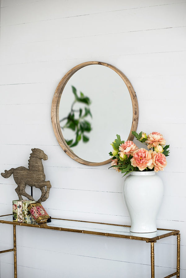 English Elm 28" Round Fir Wood Wall Mirror Thin Frame Warm Finish for Bathroom or Living Room W2078124099