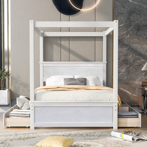 English Elm Wood Full Size Canopy Platform Bed Four Storage Drawers Brushed White Finish LP000903AAK