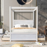 Hearth and Haven Grant Canopy Full Bed with Four Drawers, Brushed White