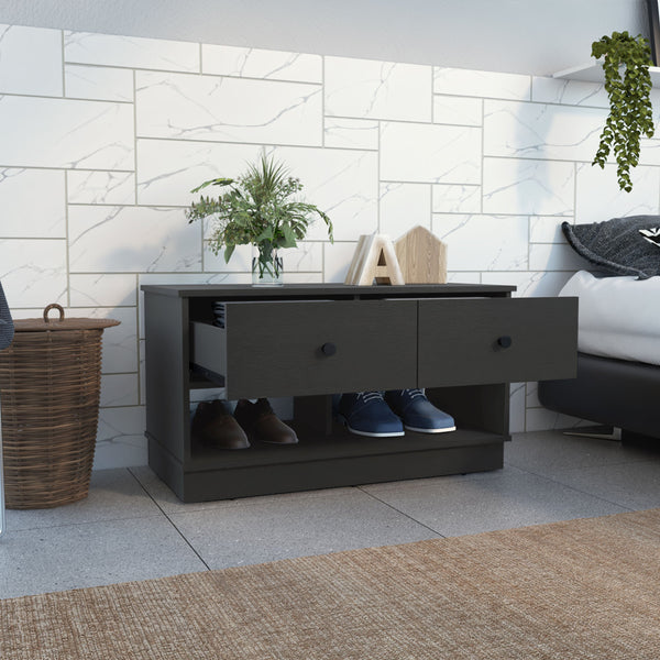 English Elm Hamilton Storage Bench with Two Drawers and Open Shelves for Entryway, Shoe Storage, 35.8"W x 19.9"H Black 40.6 L x 22.8 W x 6.3 H B20091910