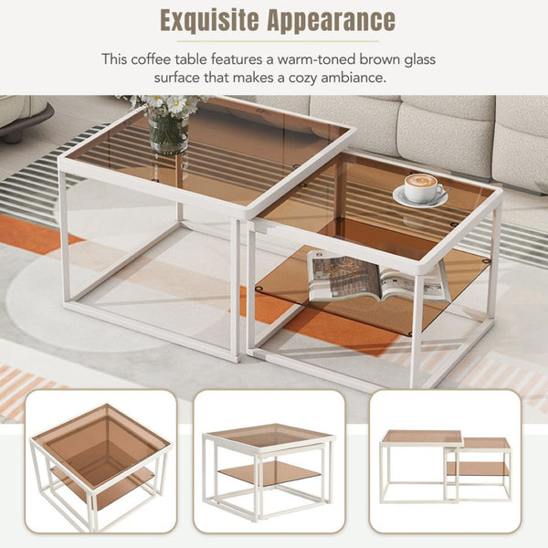English Elm On-trend Nesting Coffee Table Set Brown Tempered Glass Tops White Metal Living Room WF307975AAK