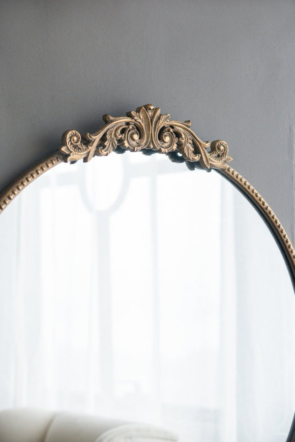 English Elm 30" Round Baroque Ornamental Iron Wall Mirror Matte Entryway Powder Room Statement Piece Gold W2078124100