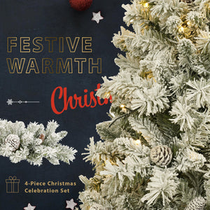 English Elm Pre-lit 7ft Artificial Christmas Set with 325 Warm LED Lights, Garland, Wreath & 2 Entry Trees (Flame‑Resistant) PX307760AAF