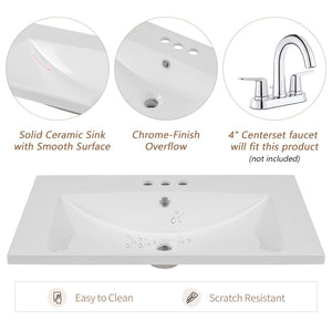 English Elm 30" Ceramic Bathroom Vanity Top Centered Basin Glazed White Finish 3 Faucet Holes WF283479AAK