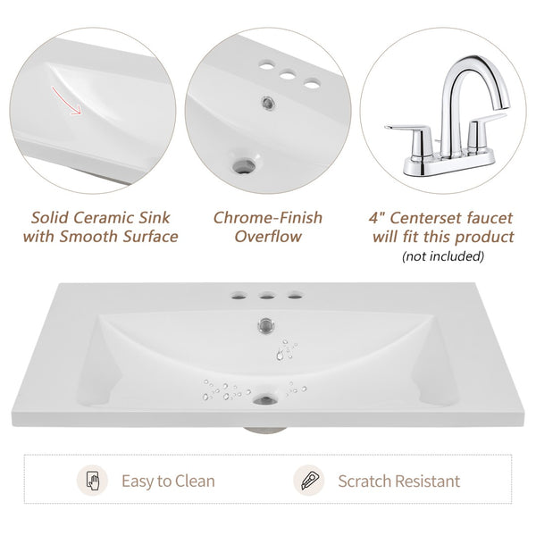 English Elm 30" Ceramic Bathroom Vanity Top Centered Basin Glazed White Finish 3 Faucet Holes WF283479AAK