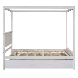 English Elm Wood Canopy Platform Bed Full Size with Trundle Storage Drawers Slat Support LP000905AAK