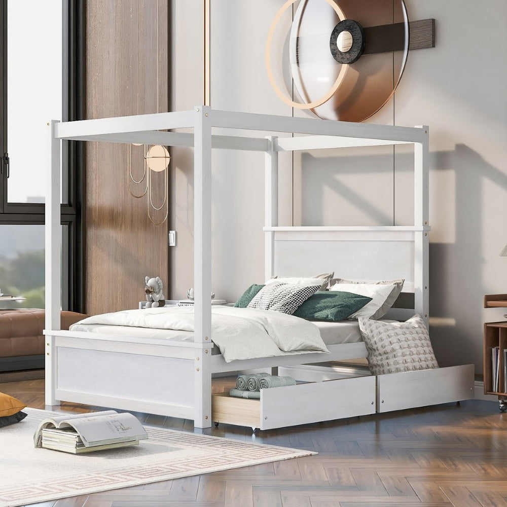 English Elm Wood Canopy Platform Bed Full Size Storage Drawers Brushed White Modern Frame WF303304AAK