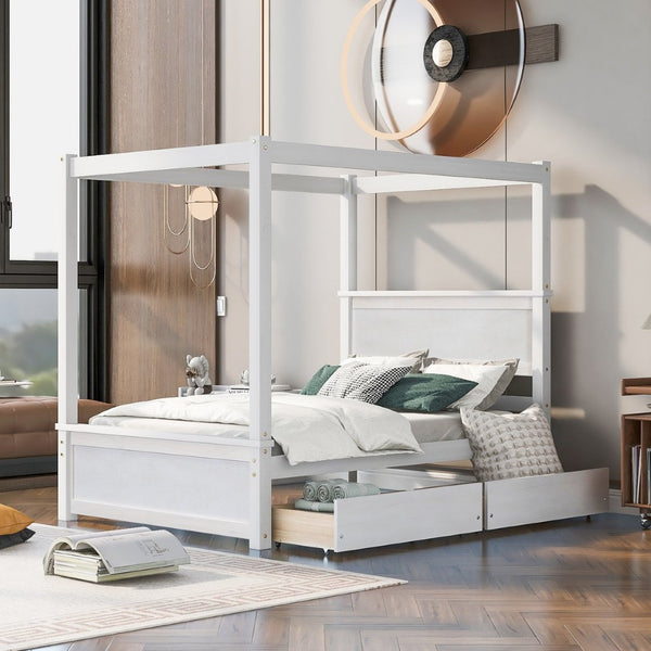 English Elm Wood Canopy Platform Bed Full Size Storage Drawers Brushed White Modern Frame WF303304AAK