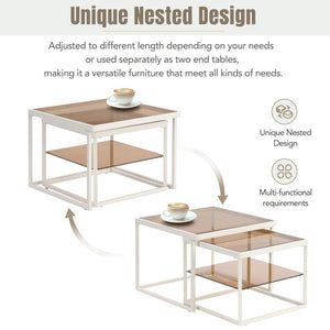 English Elm On-trend Nesting Coffee Table Set Brown Tempered Glass Tops White Metal Living Room WF307975AAK