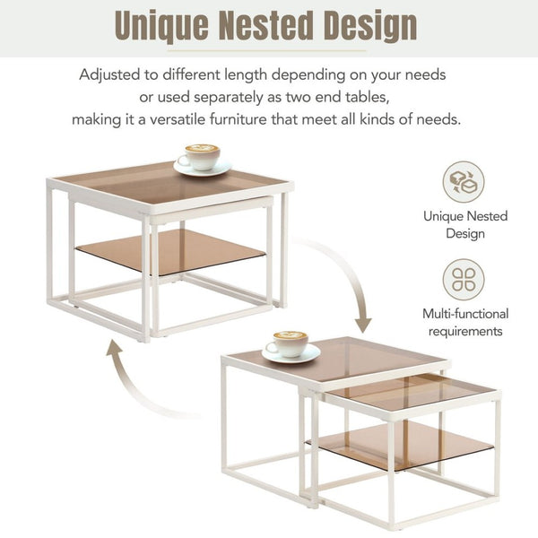 English Elm On-trend Nesting Coffee Table Set Brown Tempered Glass Tops White Metal Living Room WF307975AAK