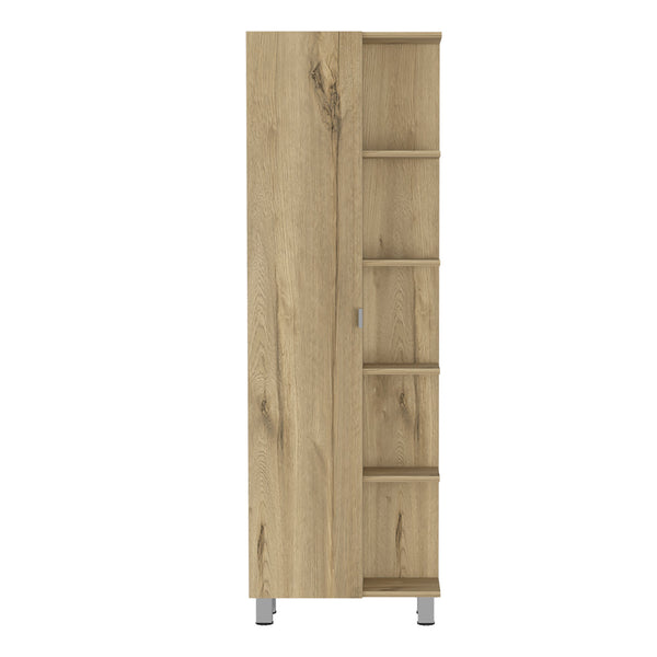 English Elm Urano Mirrored Linen Cabinet with 4 Interior Adjustable Shelves and 5 Open Exterior Storage Shelves Beige 63.4 L x 16.9 W x 5.9 H B20091989