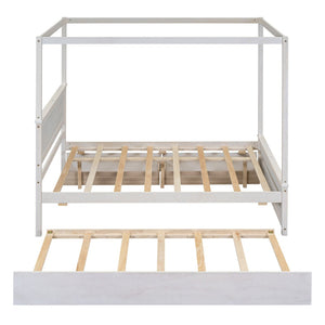 English Elm Wood Canopy Platform Bed Full Size with Trundle Storage Drawers Slat Support LP000905AAK