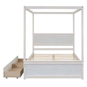 English Elm Wood Canopy Platform Bed Full Size Storage Drawers Brushed White Modern Frame WF303304AAK