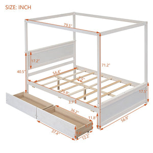 English Elm Wood Canopy Platform Bed Full Size Storage Drawers Brushed White Modern Frame WF303304AAK