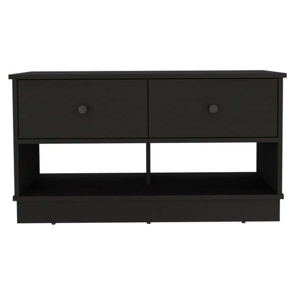 English Elm Hamilton Storage Bench with Two Drawers and Open Shelves for Entryway, Shoe Storage, 35.8"W x 19.9"H Black 40.6 L x 22.8 W x 6.3 H B20091910