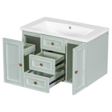 English Elm 30" Wall Mounted Bathroom Vanity With Sink Combo, Functional Drawer, Solid Wood & Mdf Board & Ceramic, Green