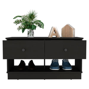 English Elm Hamilton Storage Bench with Two Drawers and Open Shelves for Entryway, Shoe Storage, 35.8"W x 19.9"H Black 40.6 L x 22.8 W x 6.3 H B20091910