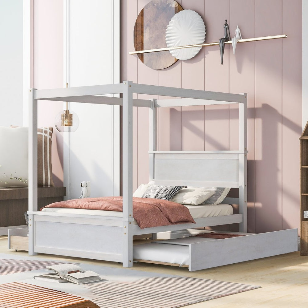 English Elm Wood Canopy Platform Bed Full Size with Trundle Storage Drawers Slat Support LP000905AAK