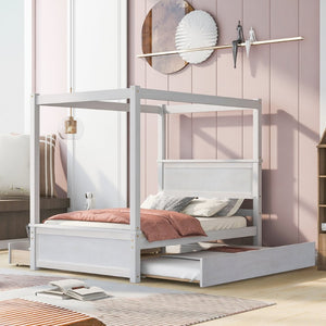 English Elm Wood Canopy Platform Bed Full Size with Trundle Storage Drawers Slat Support LP000905AAK