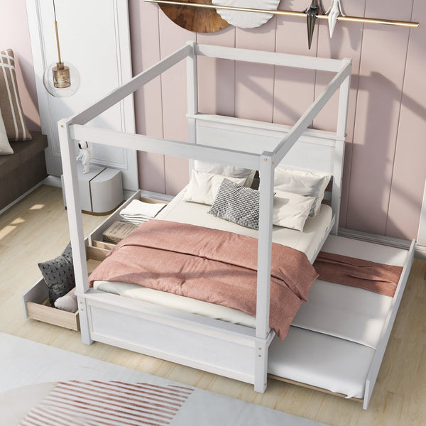 English Elm Wood Canopy Platform Bed Full Size with Trundle Storage Drawers Slat Support LP000905AAK