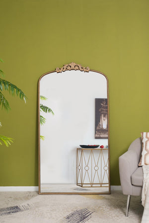 English Elm 66" Arched Gold Full Length Mirror Baroque Medallion Crown Leaning or Hanging Wall Accent W2078124104