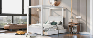 English Elm Wood Canopy Platform Bed Full Size Storage Drawers Brushed White Modern Frame WF303304AAK