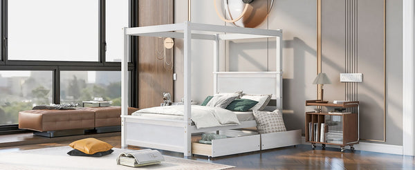 English Elm Wood Canopy Platform Bed Full Size Storage Drawers Brushed White Modern Frame WF303304AAK