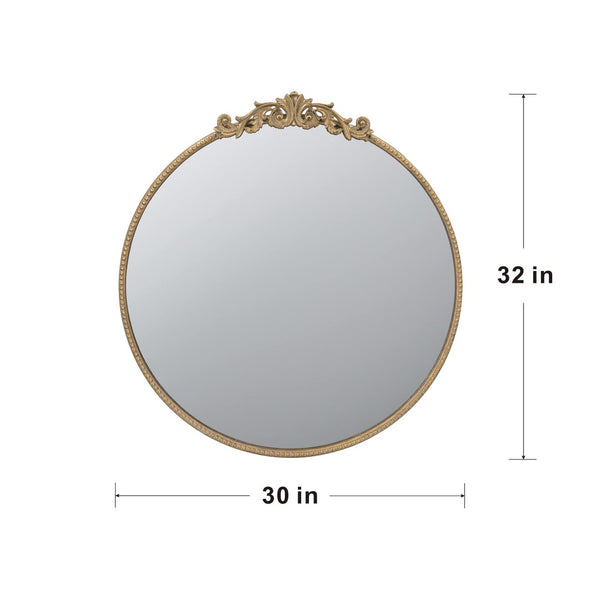 English Elm 30" Round Baroque Ornamental Iron Wall Mirror Matte Entryway Powder Room Statement Piece Gold W2078124100