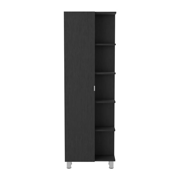 English Elm Urano Mirrored Linen Cabinet with 4 Interior Adjustable Shelves and 5 Open Exterior Storage Shelves Black 63.4 L x 16.5 W x 4.7 H B20091988