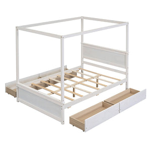 English Elm Wood Full Size Canopy Platform Bed Four Storage Drawers Brushed White Finish LP000903AAK