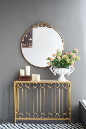 English Elm 30" Round Baroque Ornamental Iron Wall Mirror Matte Entryway Powder Room Statement Piece Gold W2078124100
