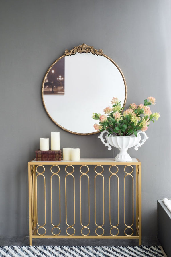 English Elm 30" Round Baroque Ornamental Iron Wall Mirror Matte Entryway Powder Room Statement Piece Gold W2078124100