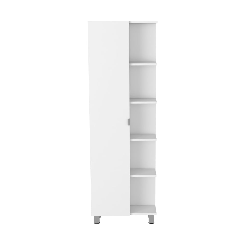English Elm Urano Corner Linen Cabinet White – Space-Saving Particleboard Storage with 4 Open Shelves & Adjustable Interior Shelves B20091991