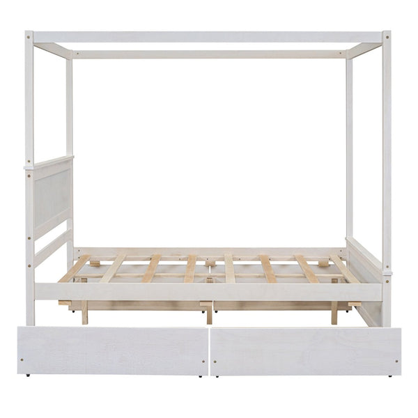 English Elm Wood Full Size Canopy Platform Bed Four Storage Drawers Brushed White Finish LP000903AAK