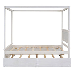 English Elm Wood Canopy Platform Bed Full Size with Trundle Storage Drawers Slat Support LP000905AAK