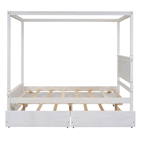 English Elm Wood Canopy Platform Bed Full Size with Trundle Storage Drawers Slat Support LP000905AAK