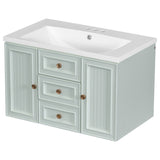 English Elm 30" Wall Mounted Bathroom Vanity With Sink Combo, Functional Drawer, Solid Wood & Mdf Board & Ceramic, Green