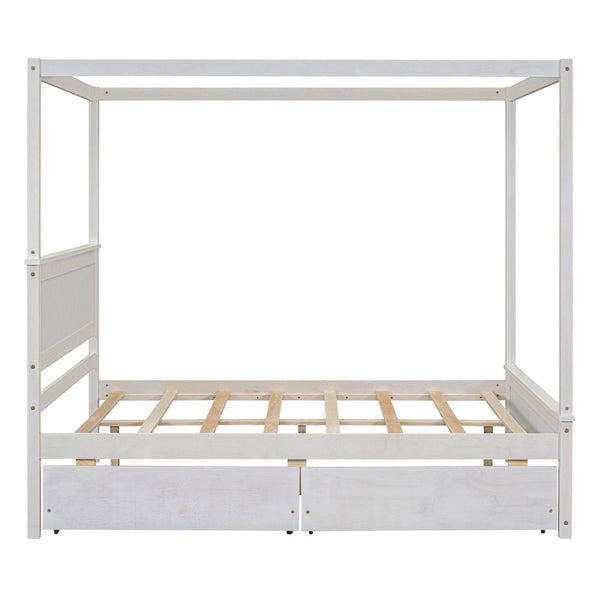 English Elm Wood Canopy Platform Bed Full Size Storage Drawers Brushed White Modern Frame WF303304AAK
