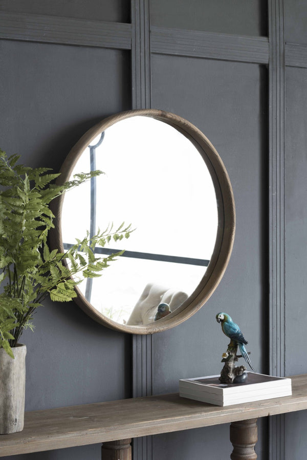 English Elm 28" Round Fir Wood Wall Mirror Thin Frame Warm Finish for Bathroom or Living Room W2078124099
