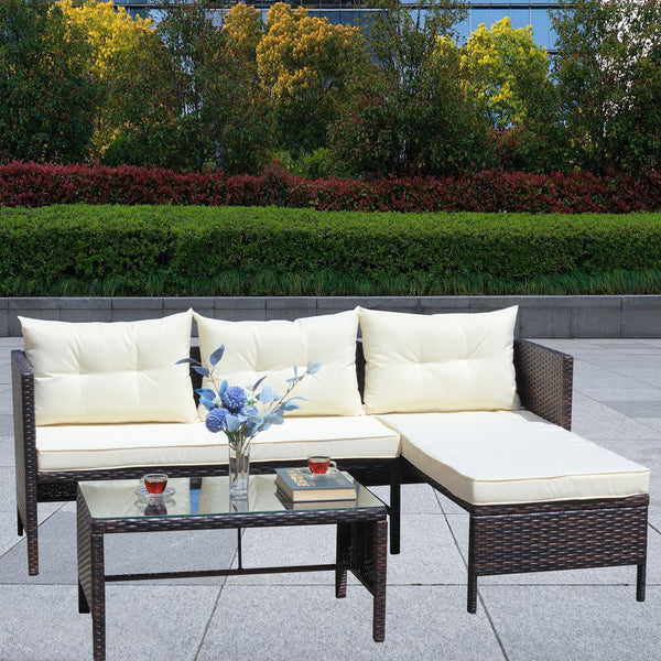 English Elm Outdoor Patio 3-Piece Wicker Sectional Set with Tempered Glass Table, Beige Cushions, UV‑Resistant Design W209P162639