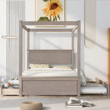 Hearth and Haven Samuel Canopy Full Bed with Trundle Bed and Two Drawers, Brushed Light Brown