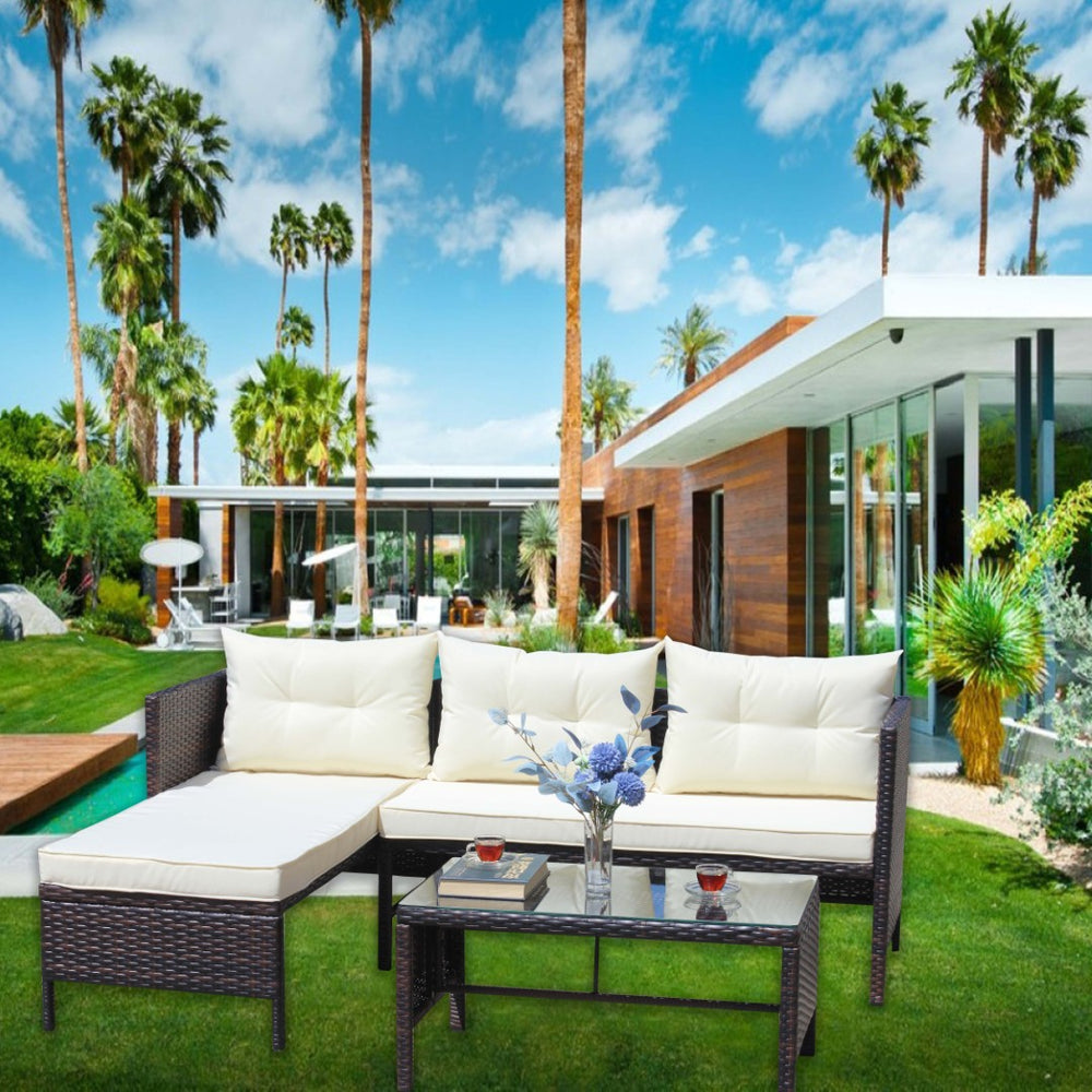 English Elm Outdoor Wicker Sectional Sofa Set with Tempered Glass Table and Cushions W209112822